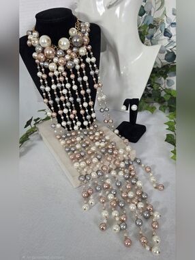 Statement Multi-Strand Gold Chain with Pearl Waterfall Bib Choker Necklace Set